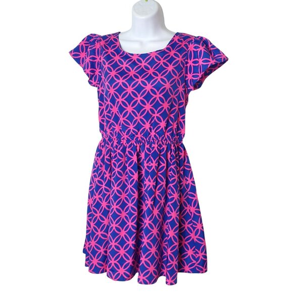 Total Girl Dress XL Pink Blue Geometric SS Elastic Waist 14/16 Festive Cottage - Picture 1 of 4